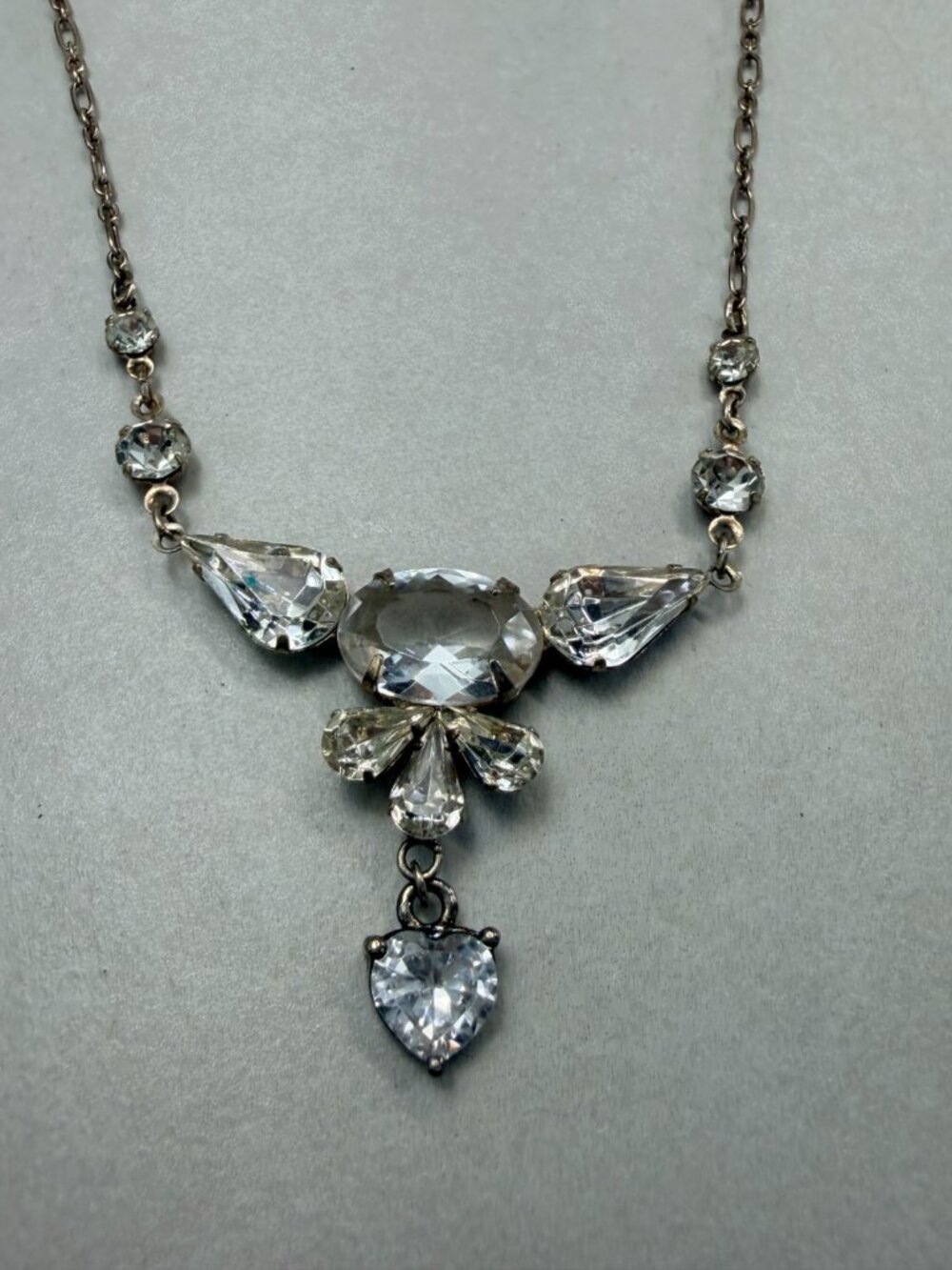 Vintage Crystal Rhinestone Drop Necklace Silver Tone Statement Adjustable